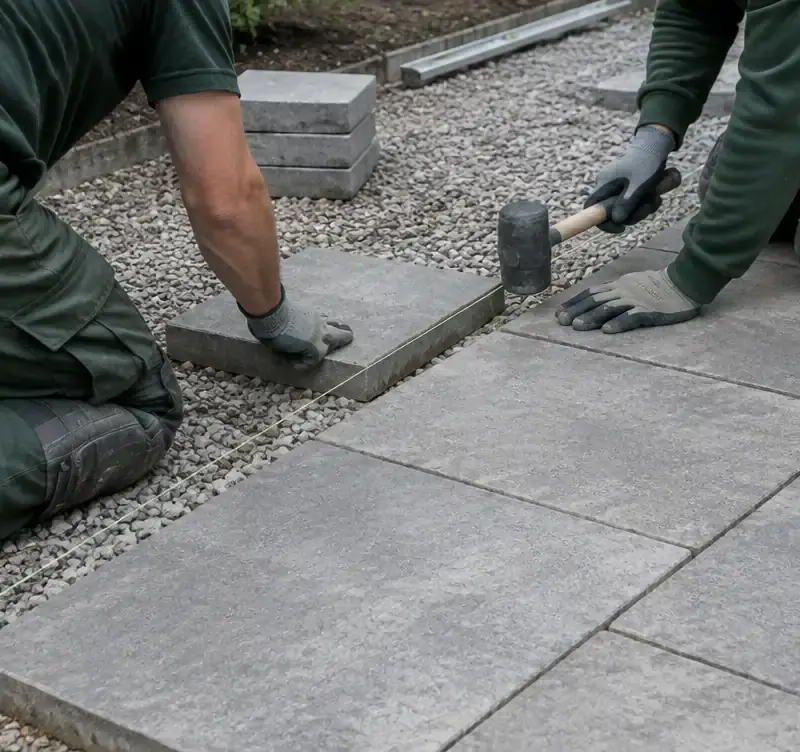 Landschaftsgärtner beim Verlegen von Pflastersteinen