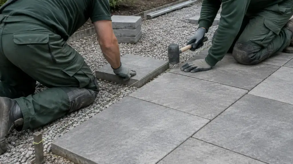 Landschaftsgärtner beim Verlegen von Pflastersteinen